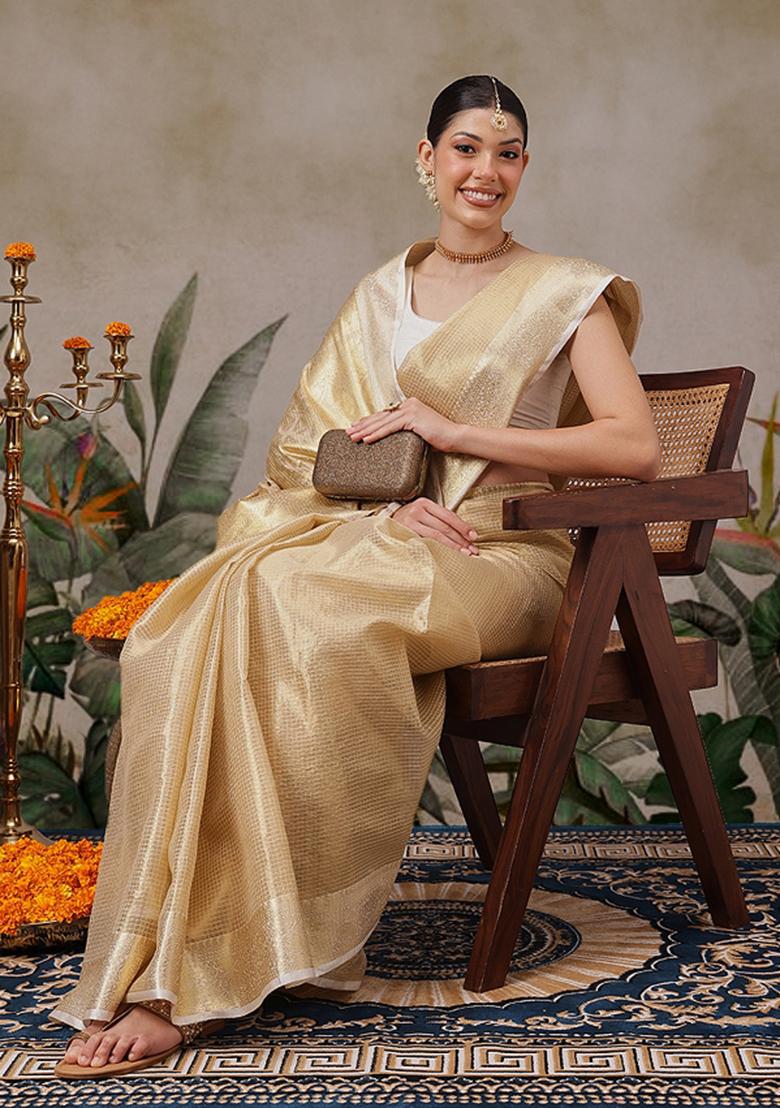 Beige Checks Tissue Saree Set - Indya