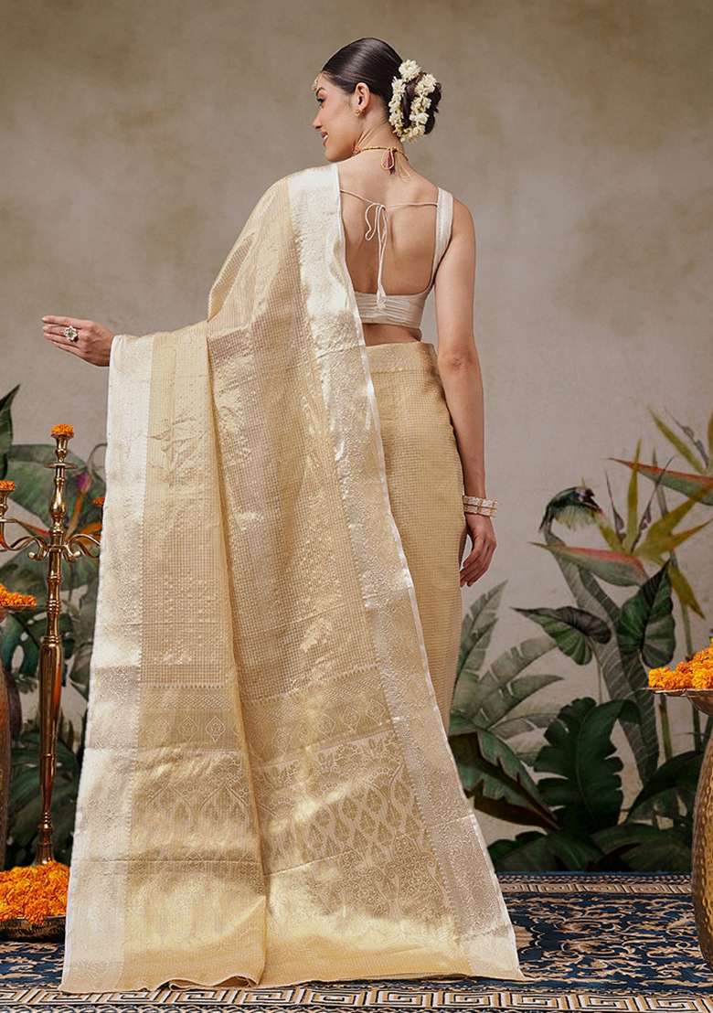 Beige Checks Tissue Saree Set - Indya