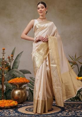 Beige Solid Silk Saree Set