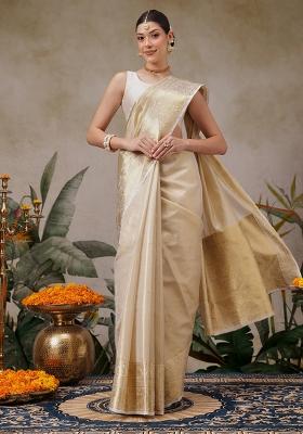 Beige Solid Tissue Saree Set
