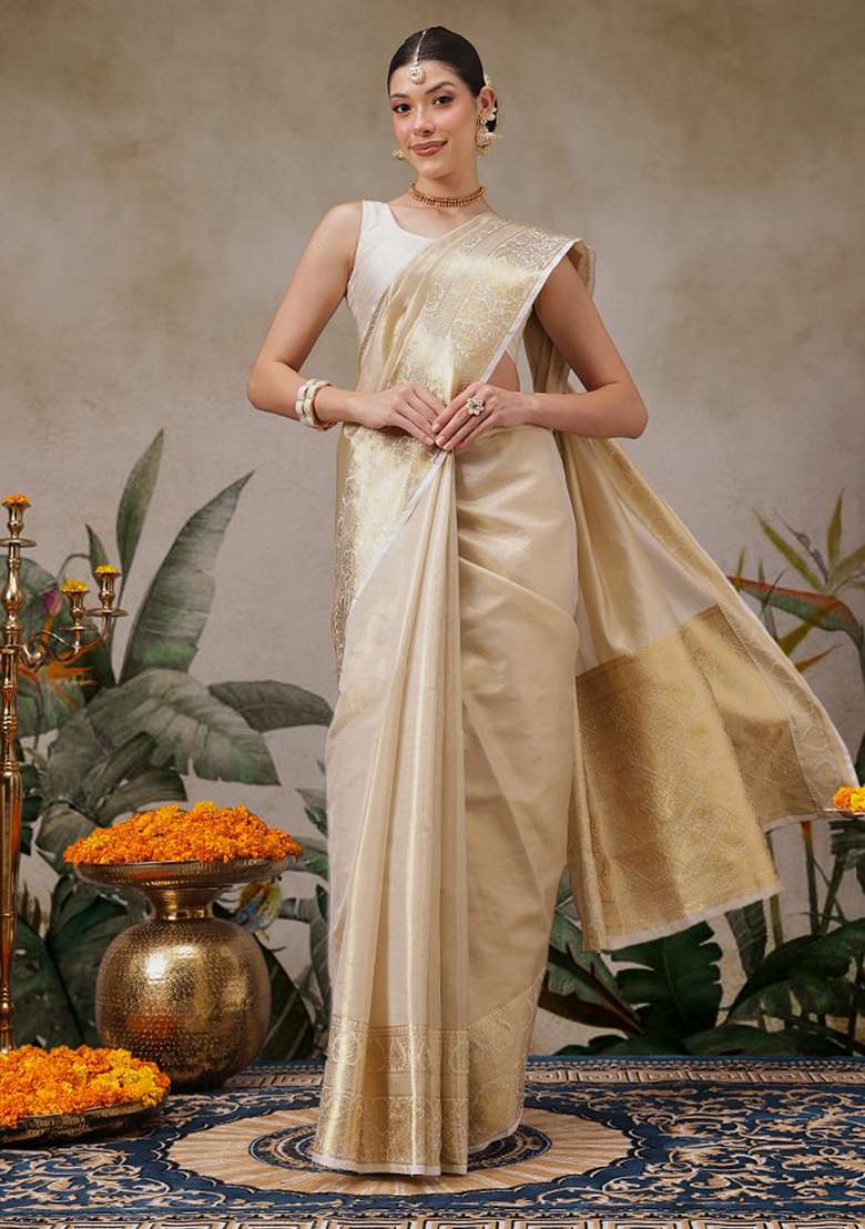 Beige Solid Tissue Saree Set - Indya