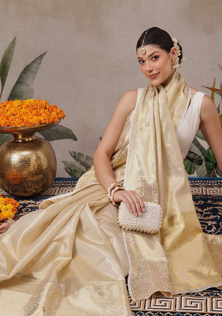 Beige Solid Tissue Saree Set - Indya