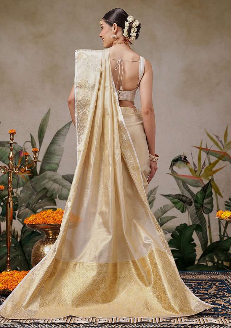 Beige Solid Tissue Saree Set - Indya