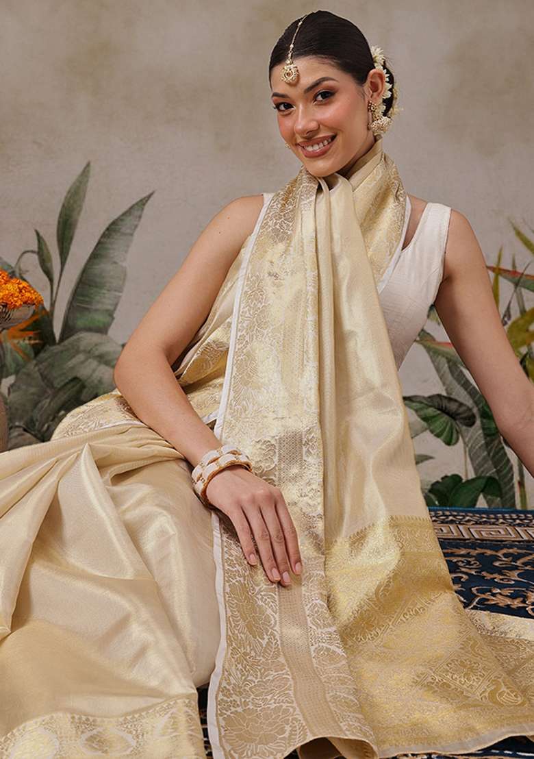 Beige Solid Tissue Saree Set - Indya
