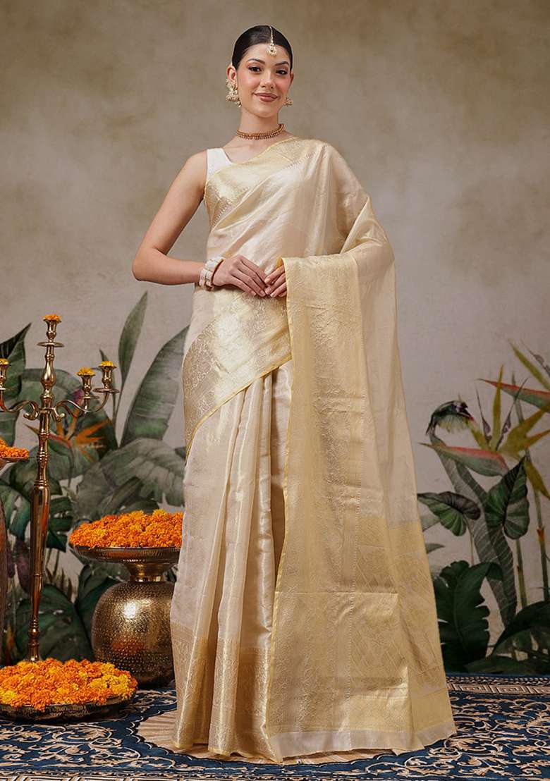 Beige Solid Tissue Saree Set - Indya