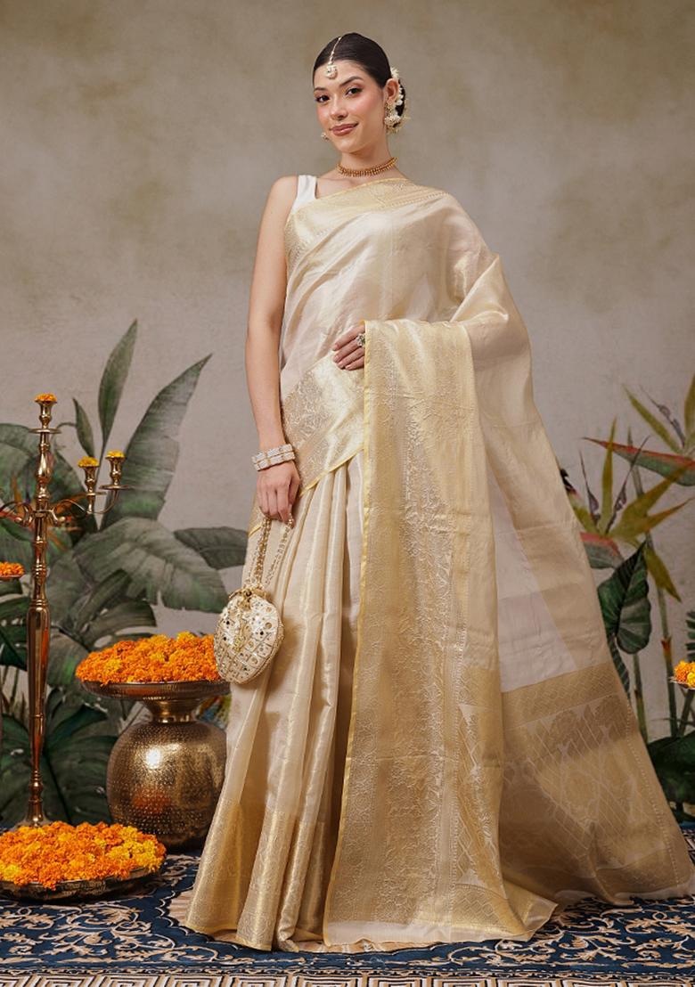 Beige Solid Tissue Saree Set - Indya