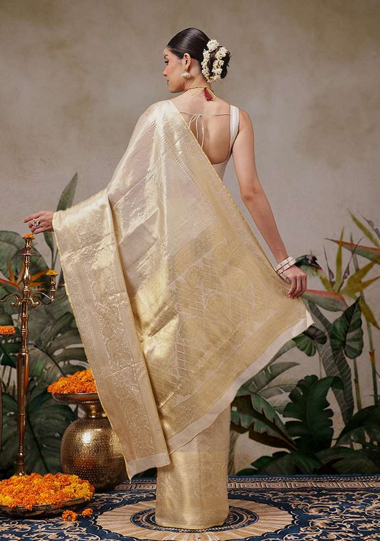Beige Solid Tissue Saree Set - Indya