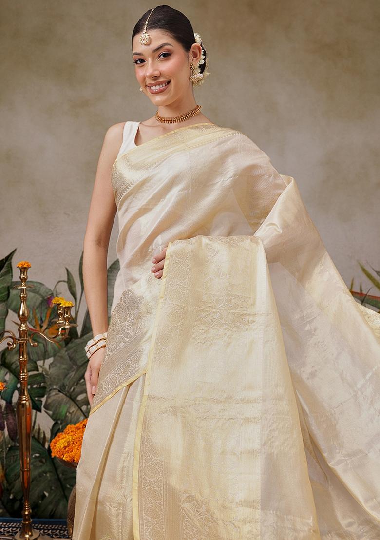 Beige Solid Tissue Saree Set - Indya