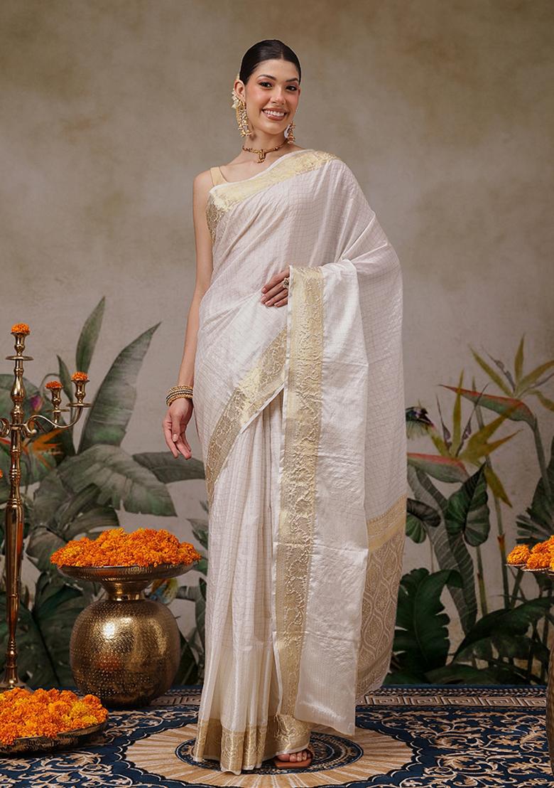 White Checks Silk Saree Set