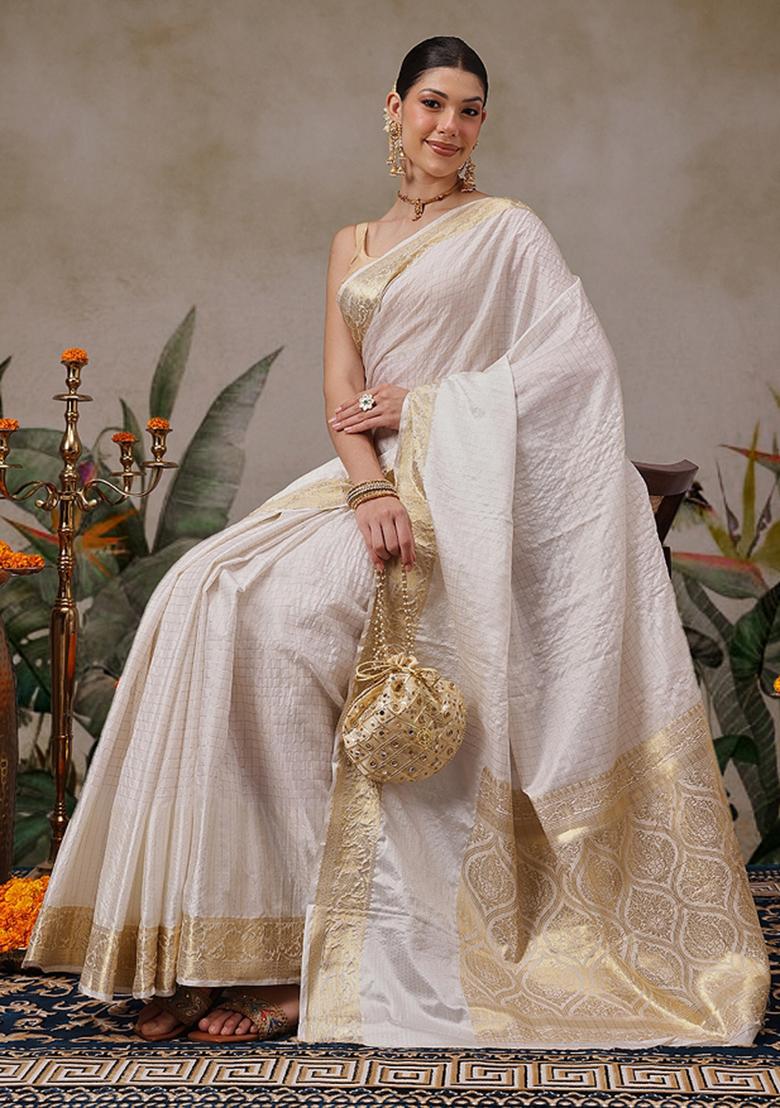 White Checks Silk Saree Set