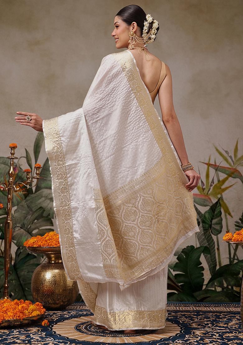 White Checks Silk Saree Set