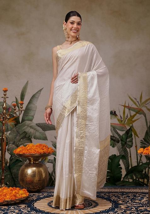 White Checks Silk Saree Set