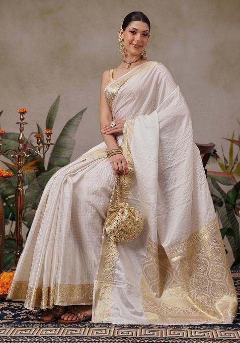 White Checks Silk Saree Set