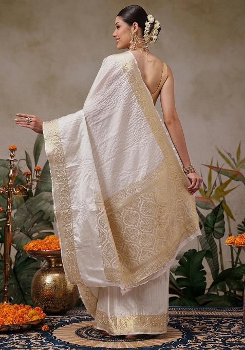White Checks Silk Saree Set