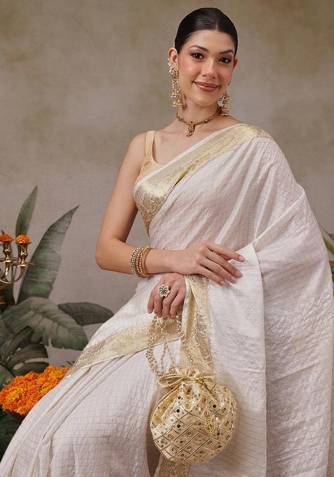 White Checks Silk Saree Set