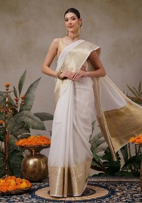 White Embroidered Silk Saree Set