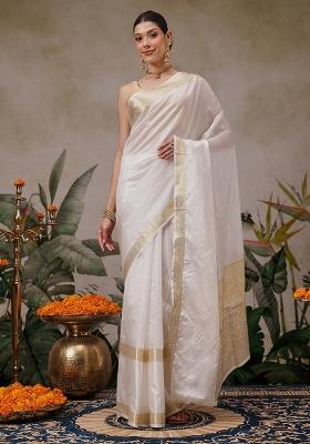White Embroidered Silk Saree Set