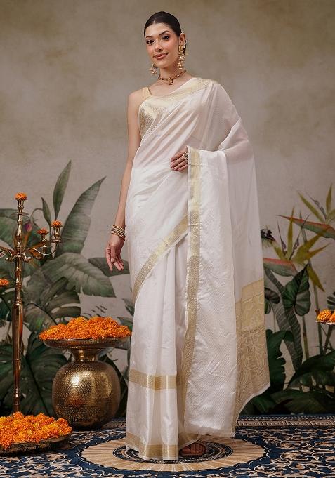 White Embroidered Silk Saree Set