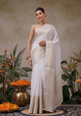 White Embroidered Silk Saree Set