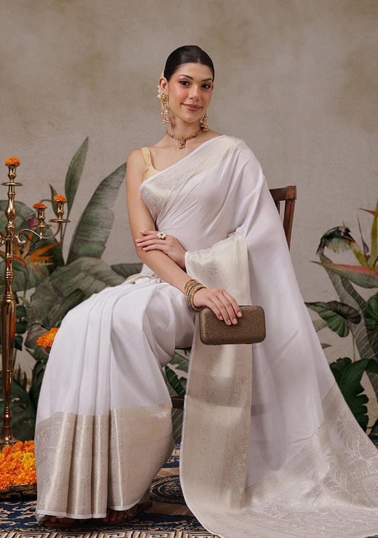 White Embroidered Silk Saree Set - Indya