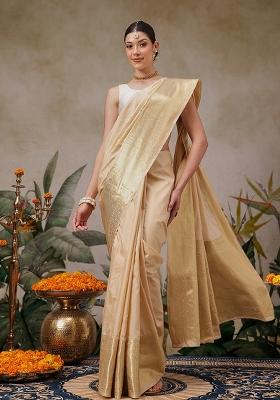 Beige Solid Silk Saree Set