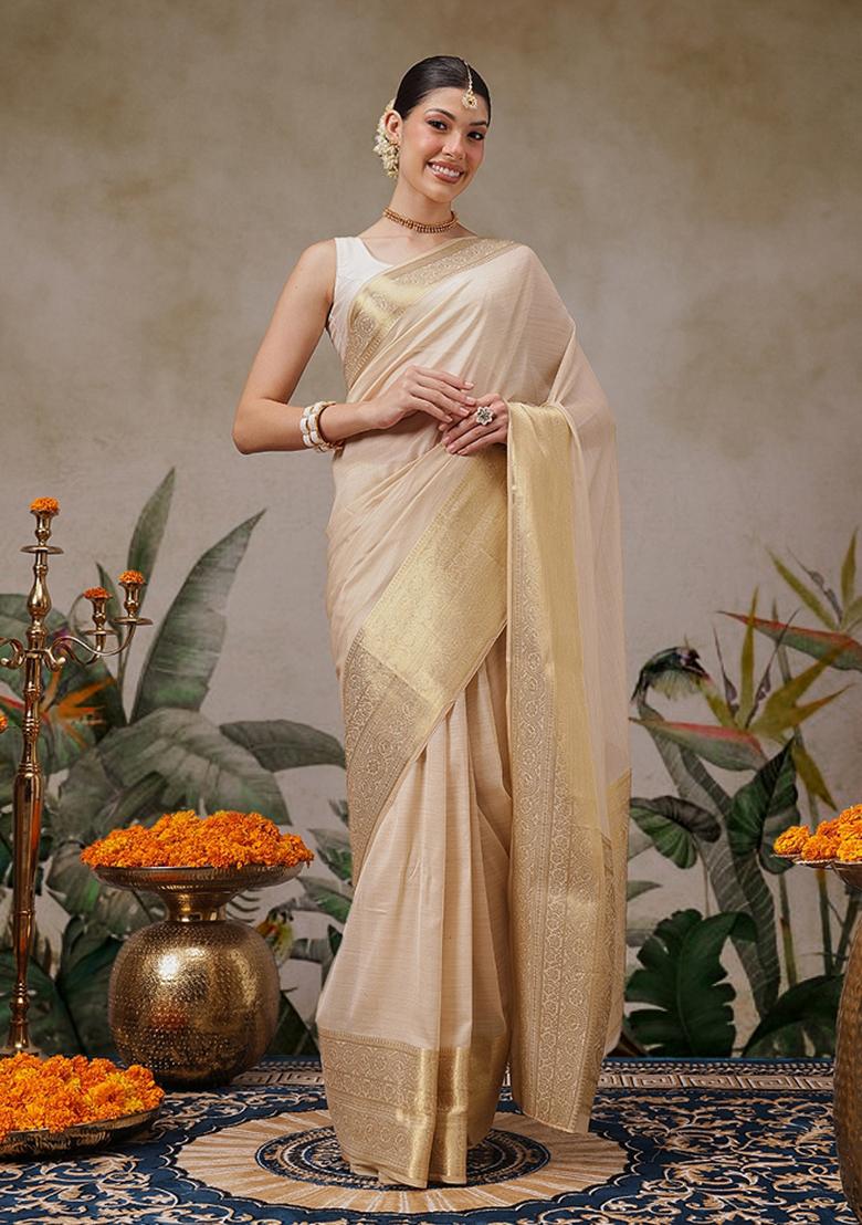 Beige Solid Georgette Saree Set
