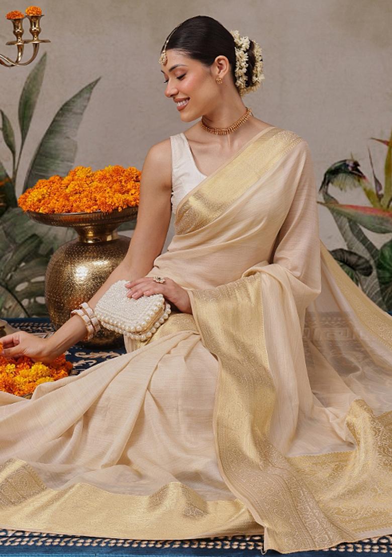 Beige Solid Georgette Saree Set - Indya