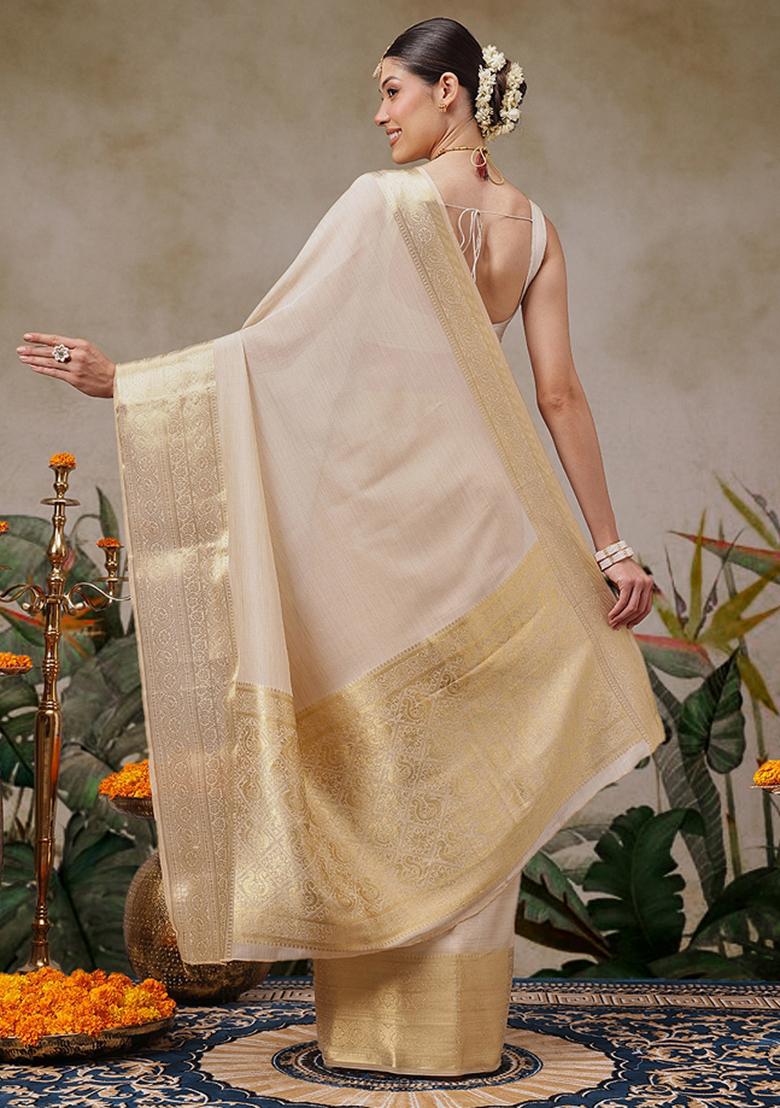 Beige Solid Georgette Saree Set