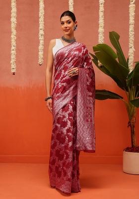 Maroon Embroidered Cotton Saree Set