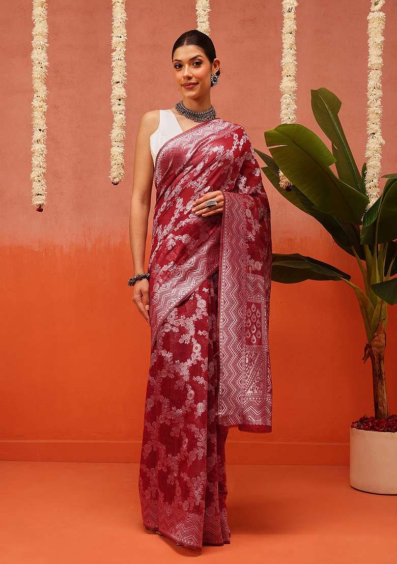 Maroon Embroidered Cotton Saree Set - Indya