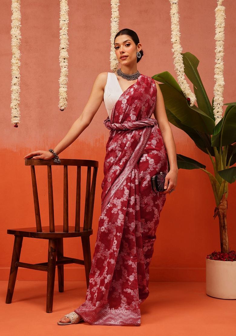 Maroon Embroidered Cotton Saree Set - Indya