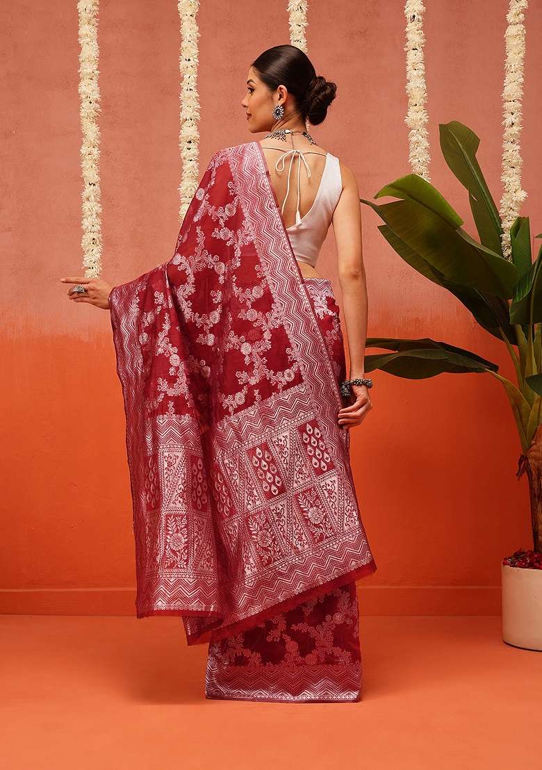 Maroon Embroidered Cotton Saree Set - Indya