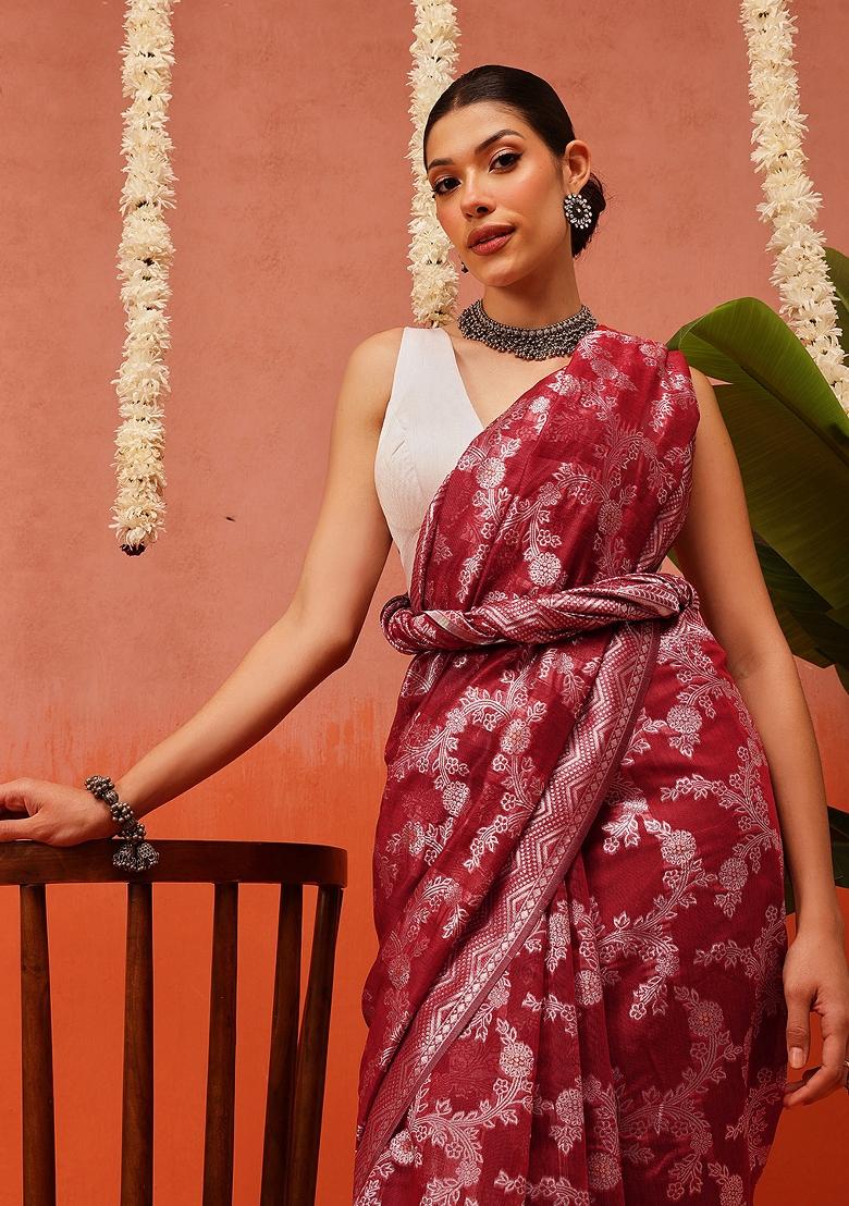 Maroon Embroidered Cotton Saree Set - Indya