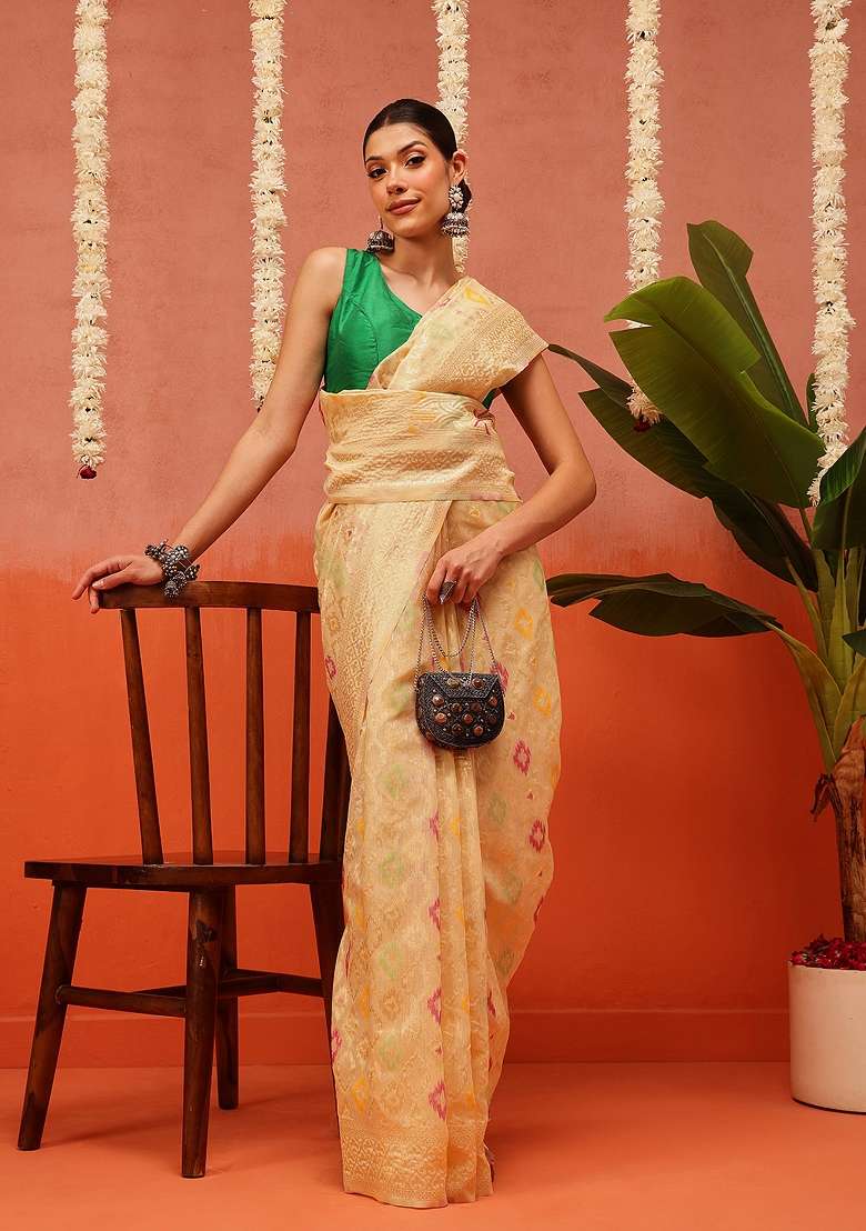 White Embroidered Cotton Saree Set - Indya