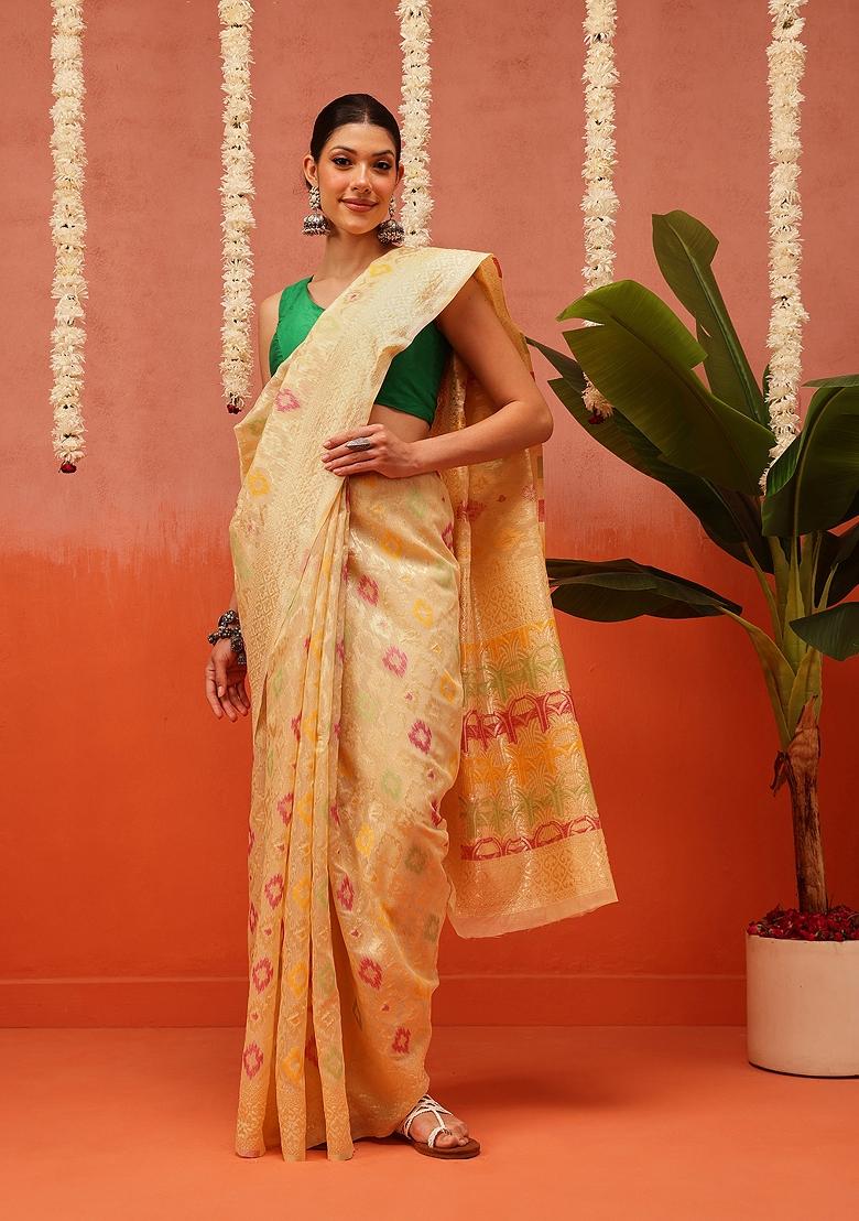 White Embroidered Cotton Saree Set - Indya