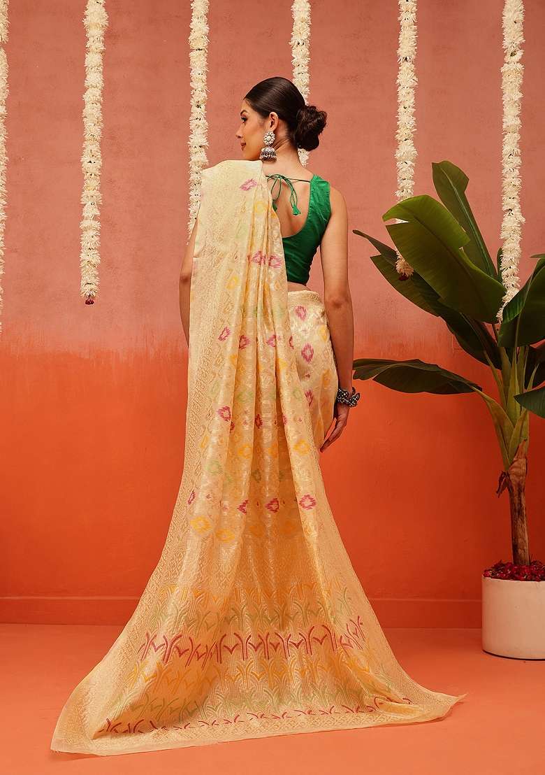 White Embroidered Cotton Saree Set - Indya