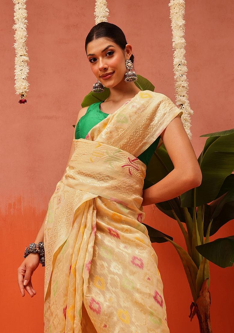 White Embroidered Cotton Saree Set - Indya