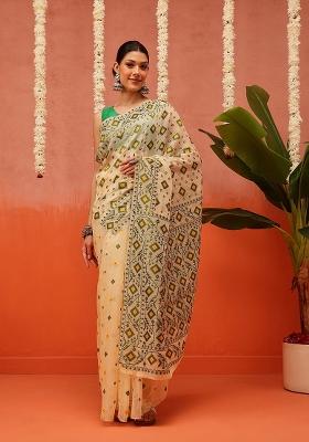 Beige Embroidered Cotton Saree Set