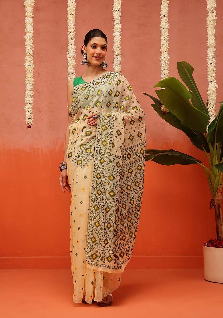 Beige Embroidered Cotton Saree Set - Indya