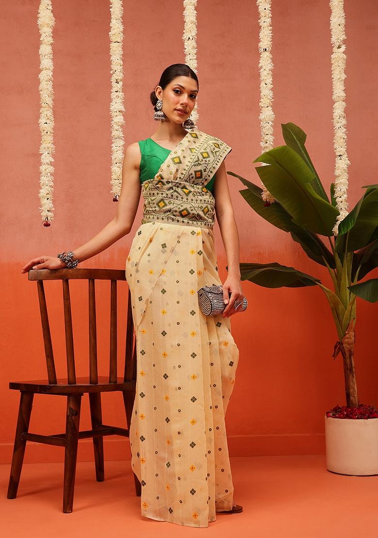 Beige Embroidered Cotton Saree Set - Indya