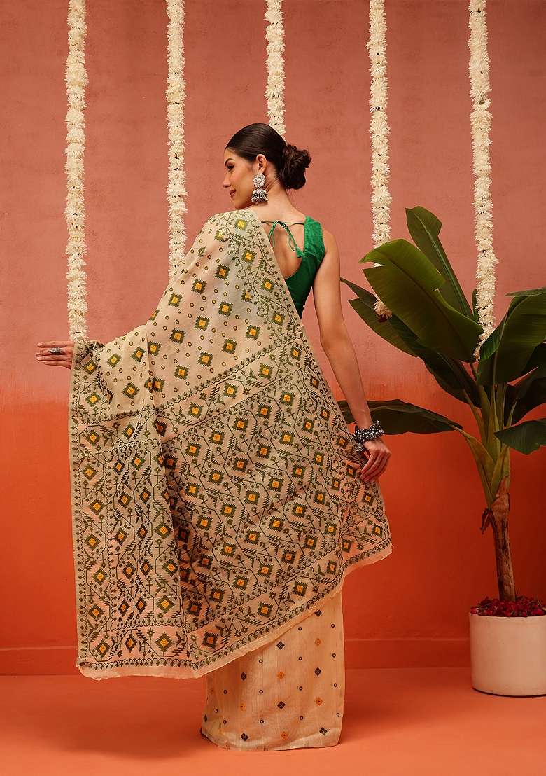 Beige Embroidered Cotton Saree Set - Indya