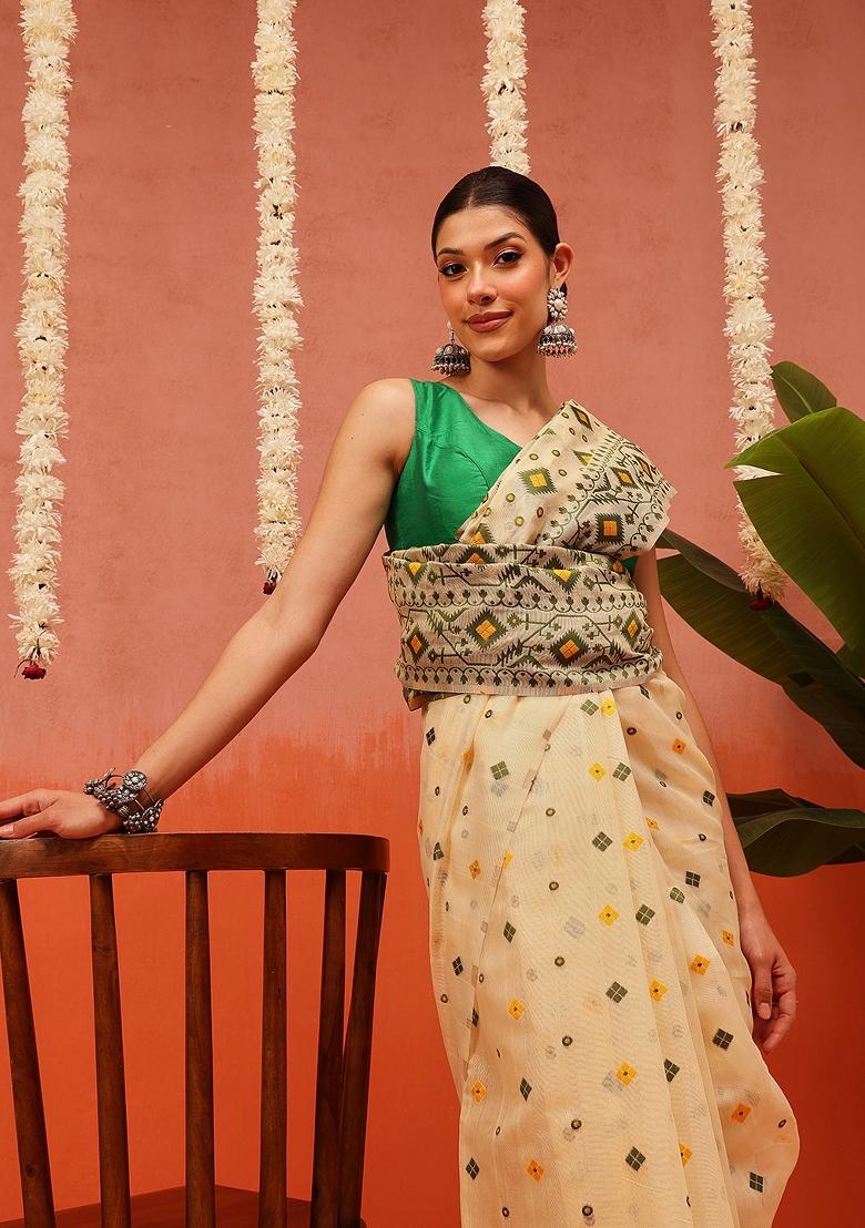 Beige Embroidered Cotton Saree Set - Indya