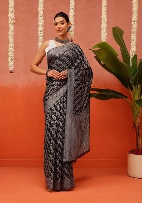 Black Embroidered Cotton Saree Set