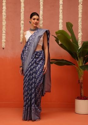 Blue Embroidered Cotton Saree Set