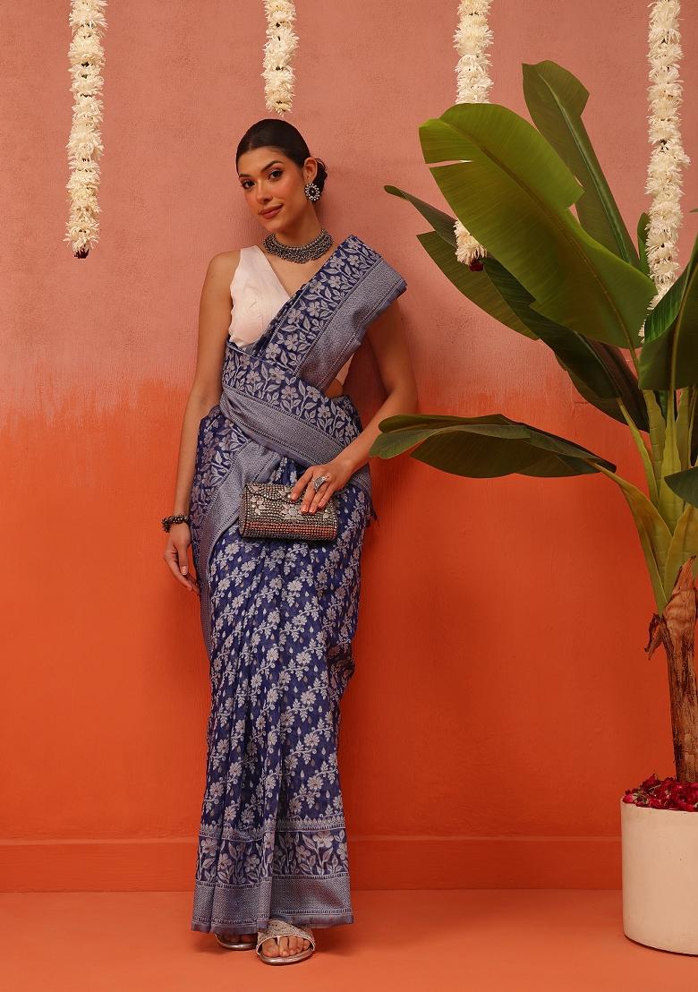 Blue Embroidered Cotton Saree Set - Indya