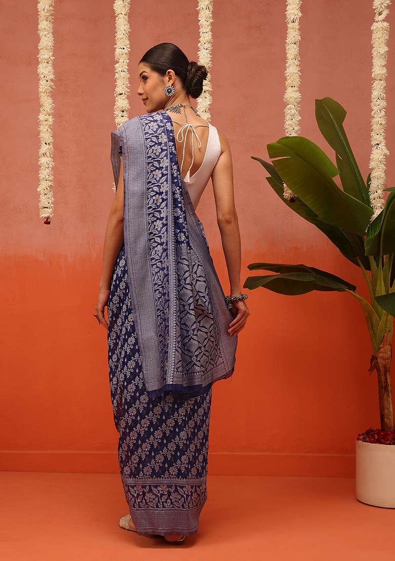 Blue Embroidered Cotton Saree Set - Indya