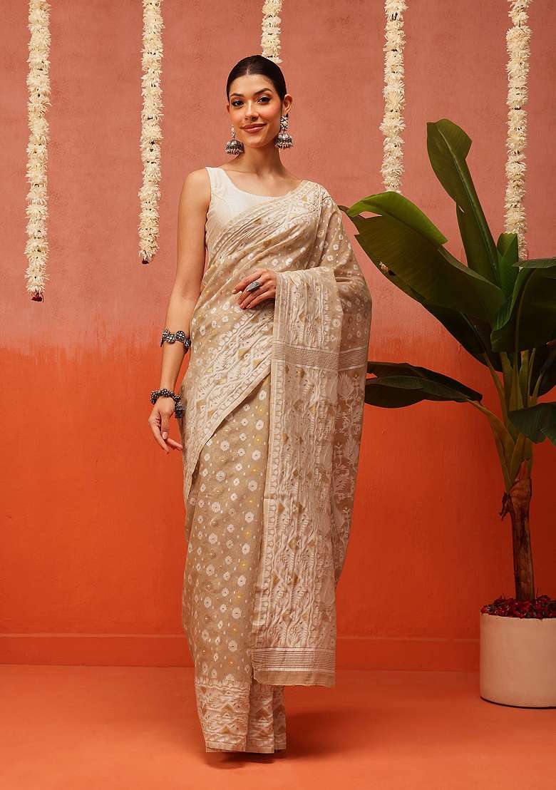 Beige Embroidered Cotton Saree Set - Indya