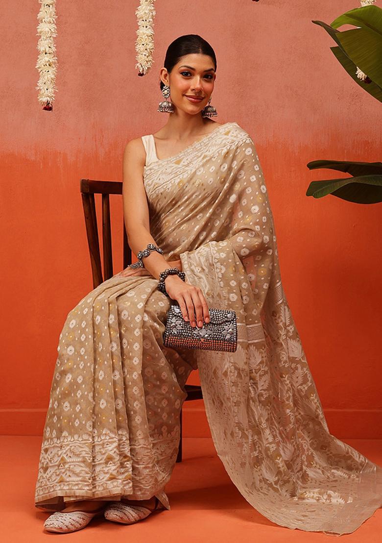 Beige Embroidered Cotton Saree Set - Indya