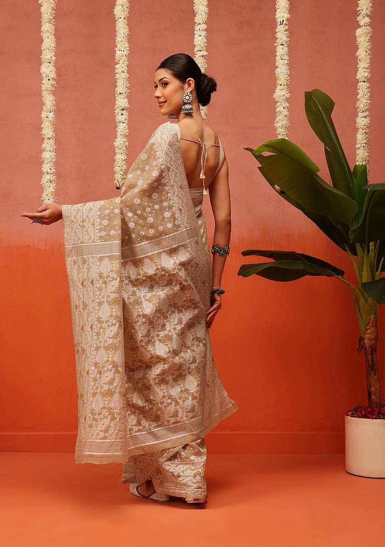 Beige Embroidered Cotton Saree Set - Indya