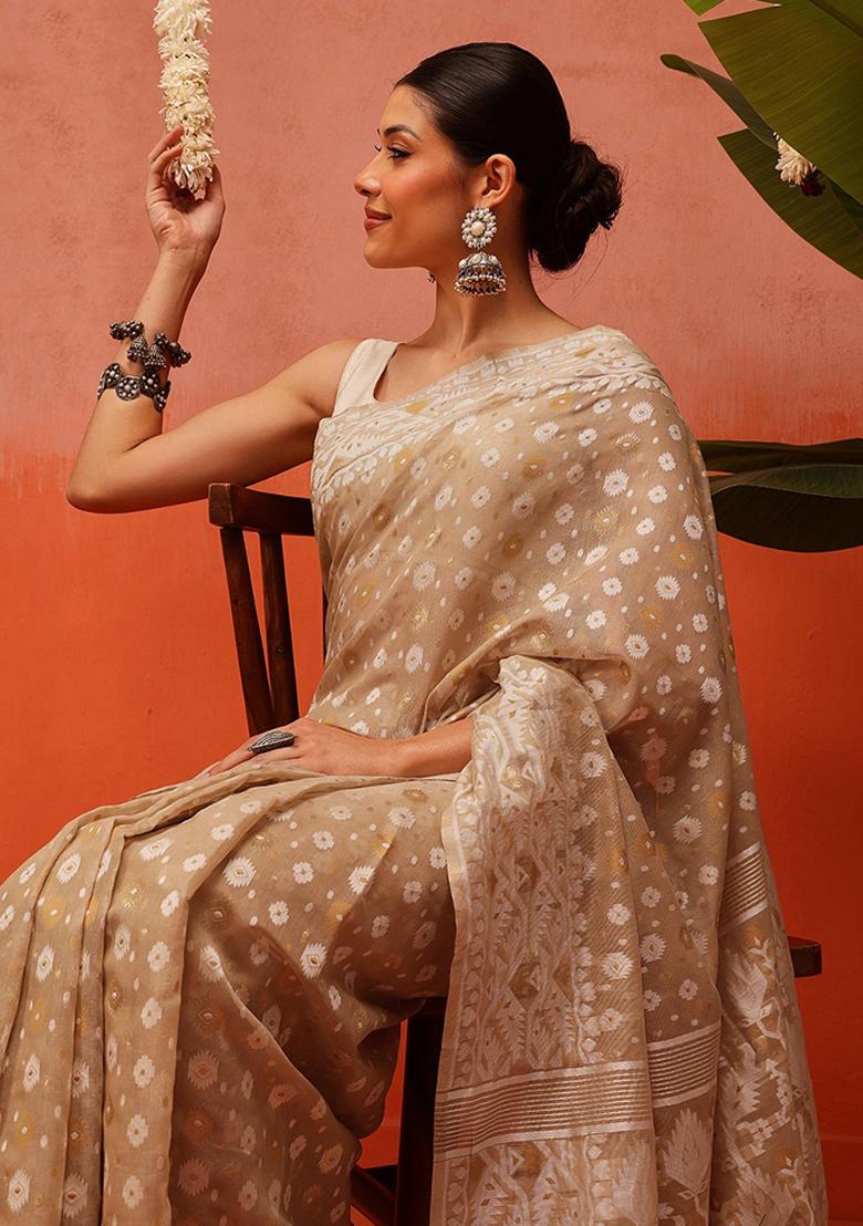 Beige Embroidered Cotton Saree Set - Indya